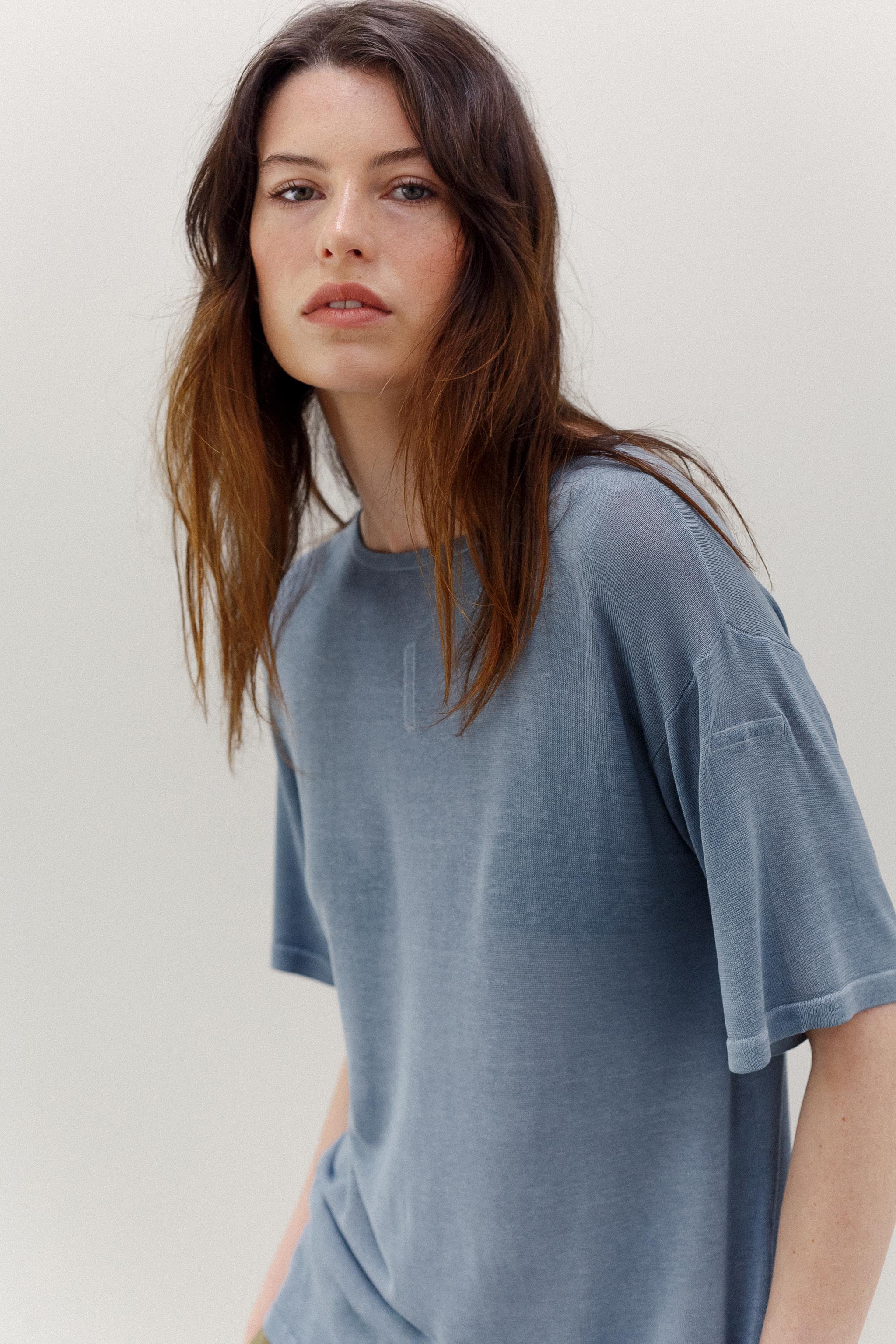 Mink Silk Embroidery Tee - Smokey Blue