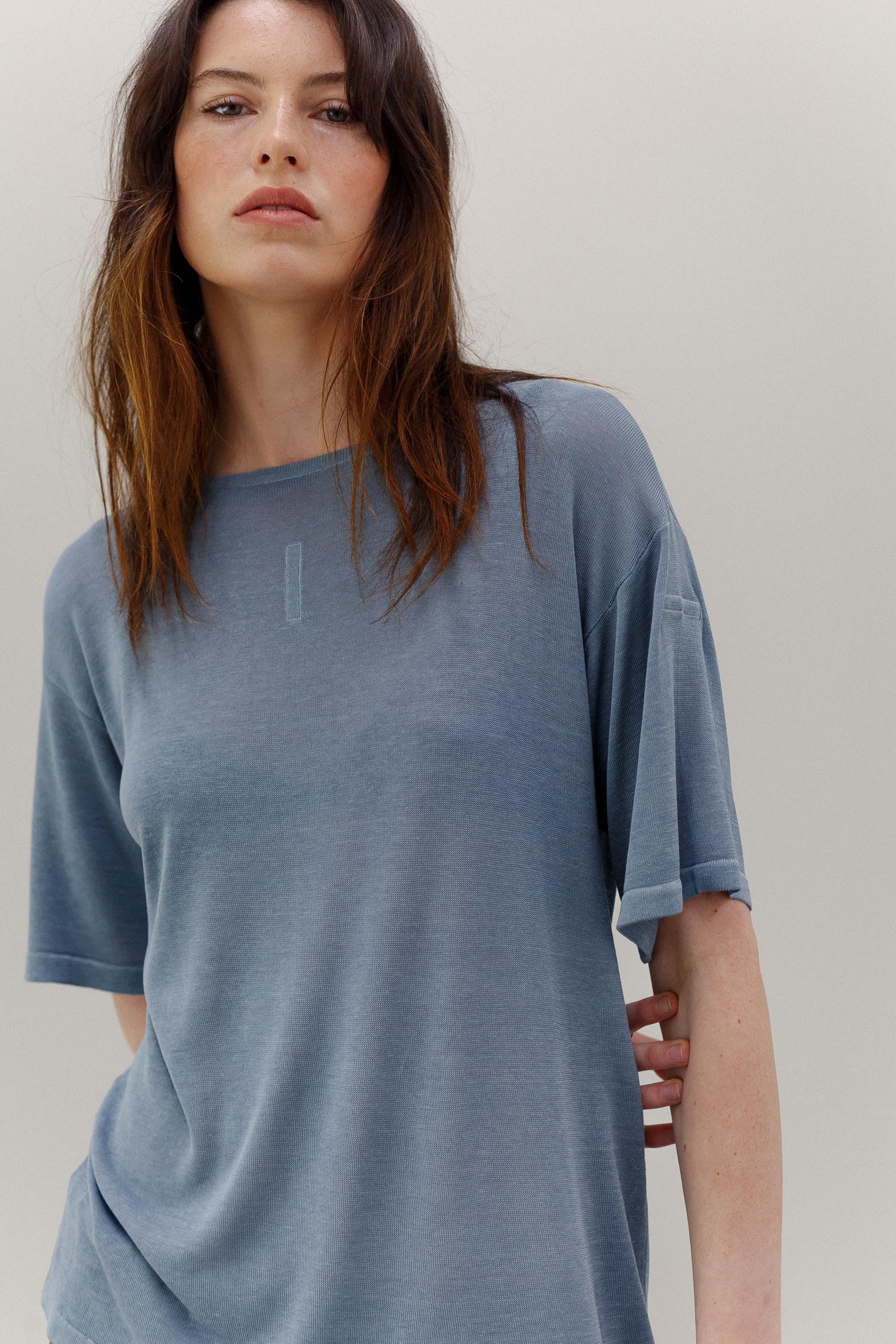 Mink Silk Embroidery Tee - Smokey Blue